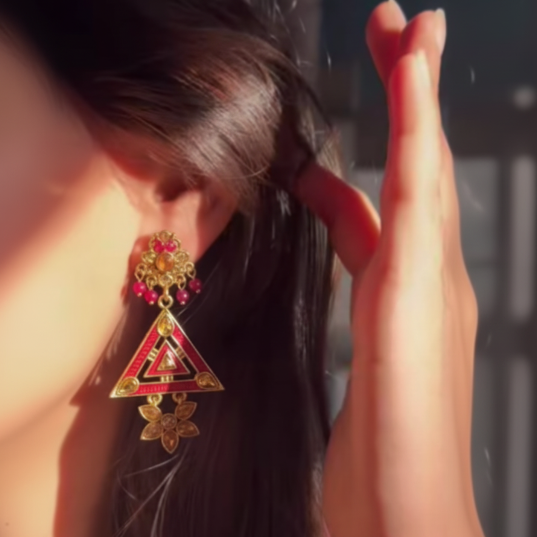 Red Enamel Triangle Drop Earrings 