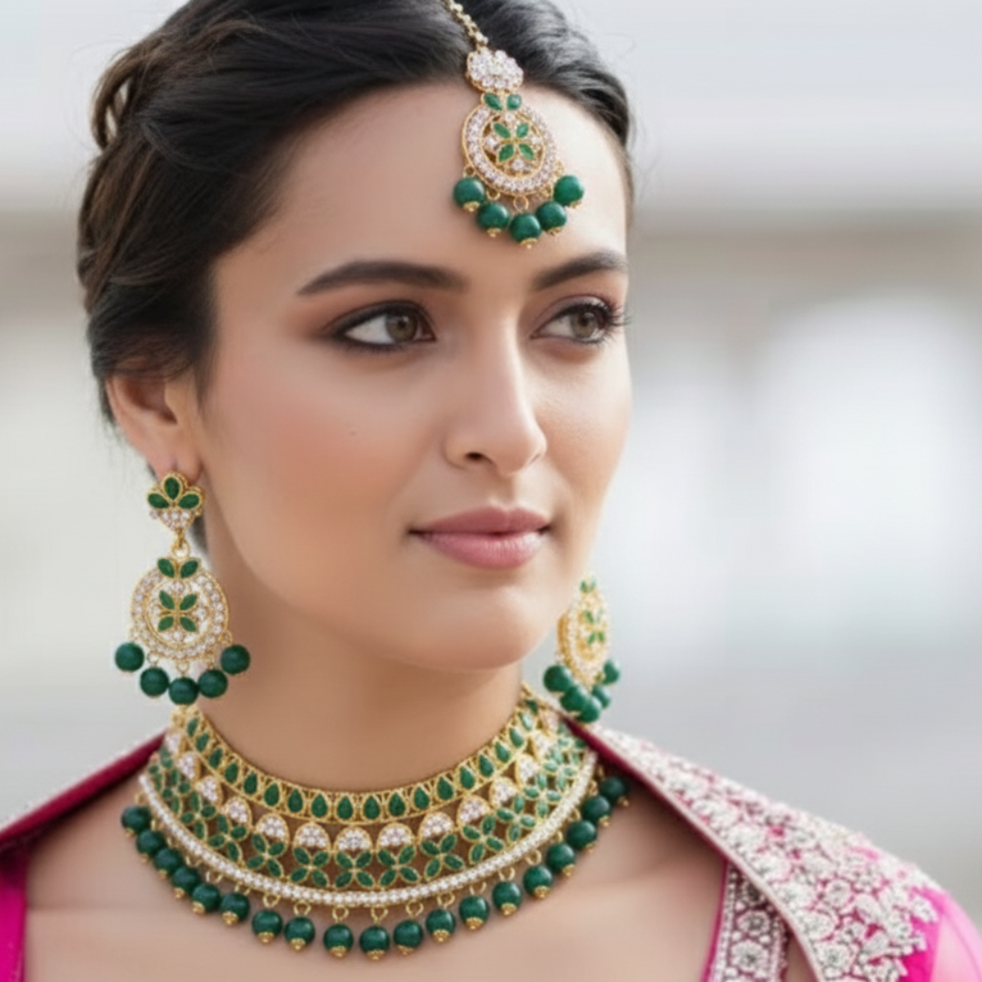 Gold-Plated Emerald Green Kundan/CZ Choker Set. 