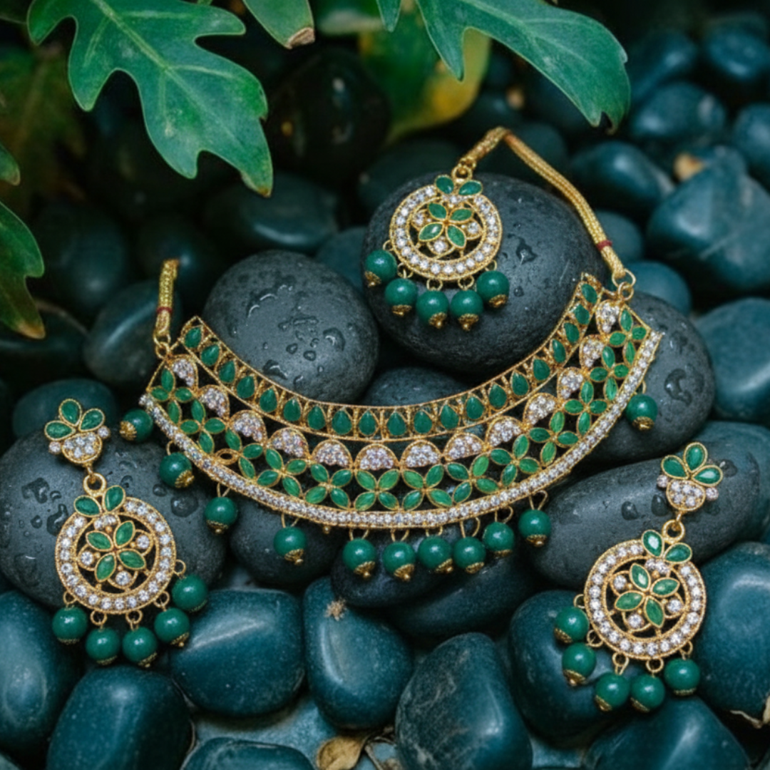 Gold-Plated Emerald Green Leaf & Bead Choker Set. 